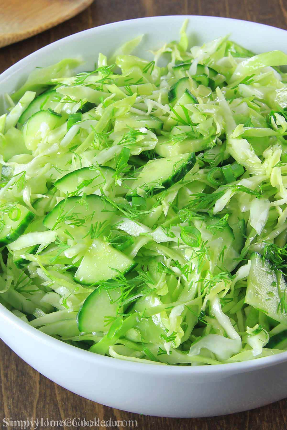 Close up of a Cabbage Cucumber Salad.