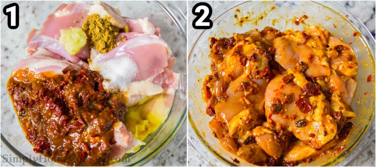 Steps for making Chipotle Chicken Bowl: marinate the chicken with adobo peppers, cumin, garlic, salt, and oil, and mix thoroughly.