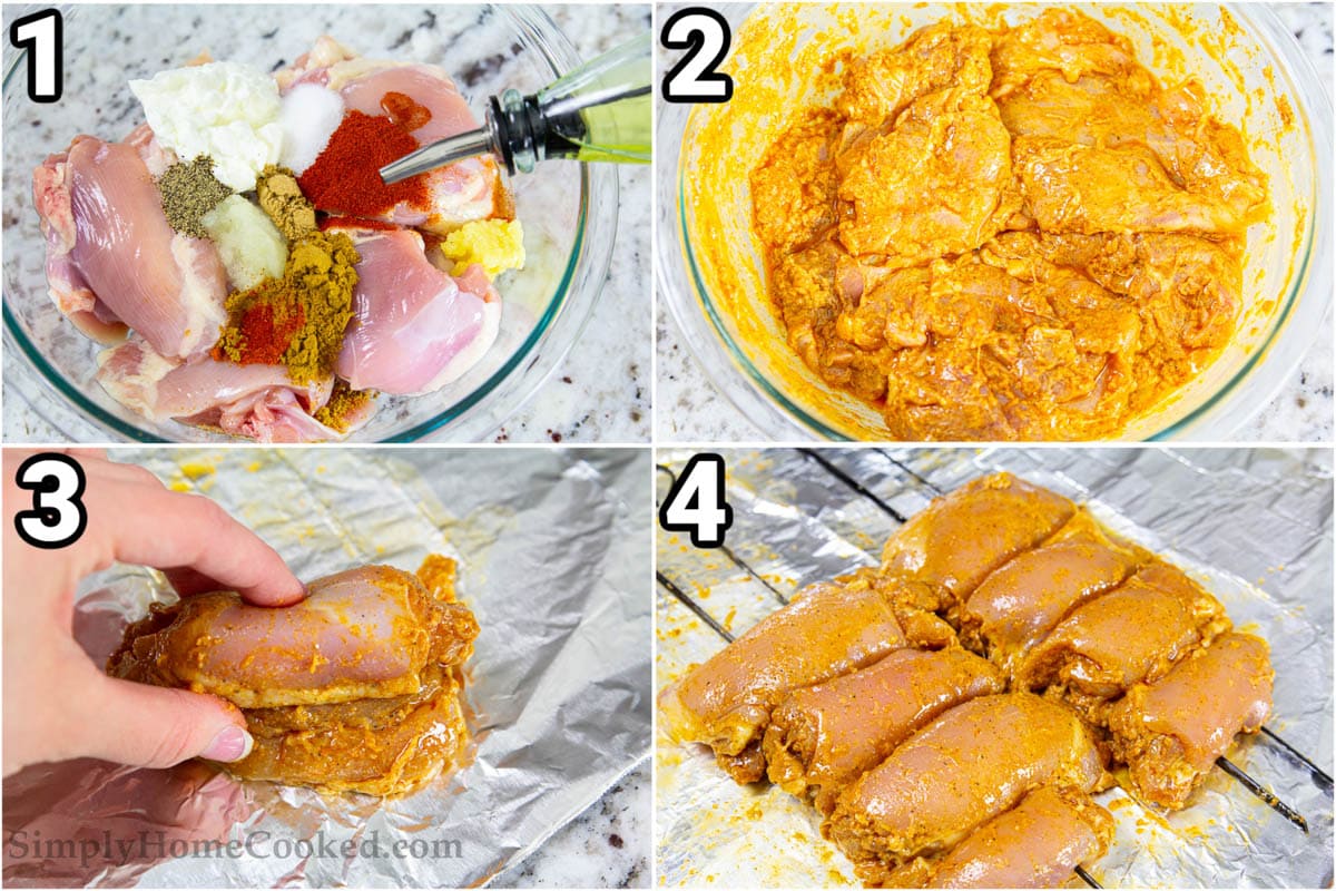Steps to make Chicken Shawarma: marinate the chicken with greek yogurt, onion, garlic, pepper, salt, cayenne, cumin, coriander, paprika, and olive oil, then skewer the meat.