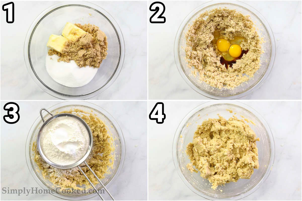 Steps to make Cookie Cake: cream the butter and sugar and brown sugar together, then add the eggs and vanilla, then sift in the salt, baking soda, and flour.