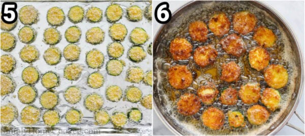 Steps to make Fried Zucchini: bread all of the zucchini slices and place them on a foil lined baking sheet, then fry in batches.