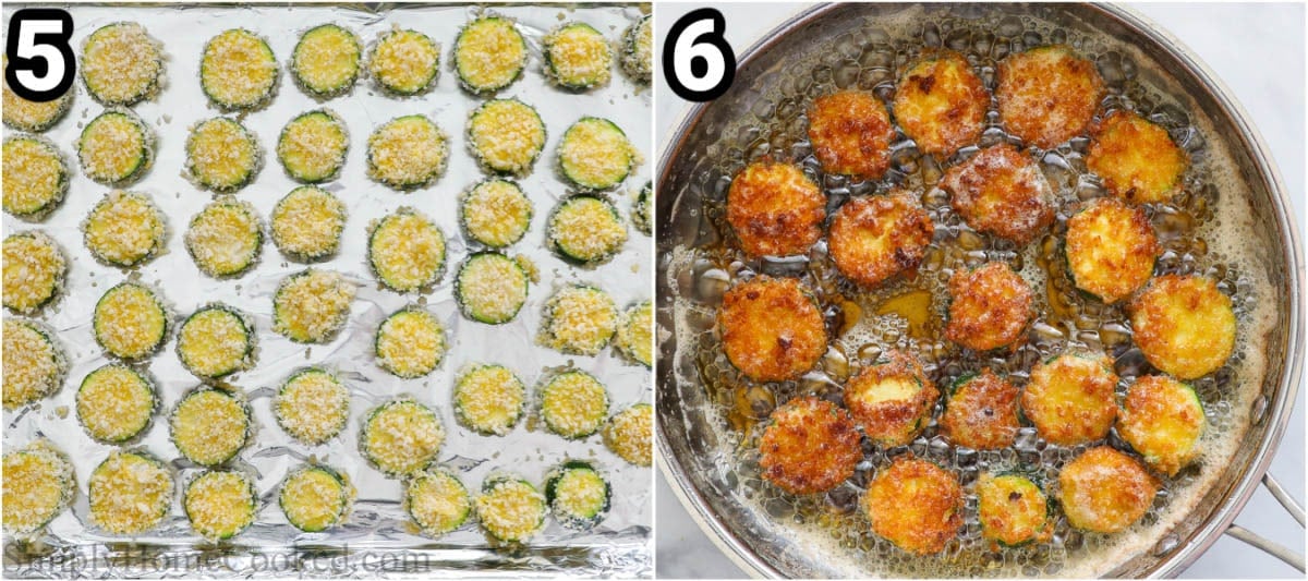 Steps to make Fried Zucchini: bread all of the zucchini slices and place them on a foil lined baking sheet, then fry in batches. 