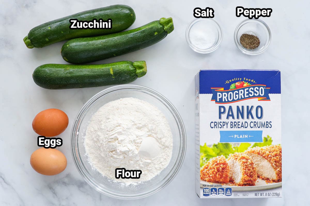 Ingredients for Fried Zucchini: zucchini, salt, pepper, flour, panko breadcrumbs, and eggs. 