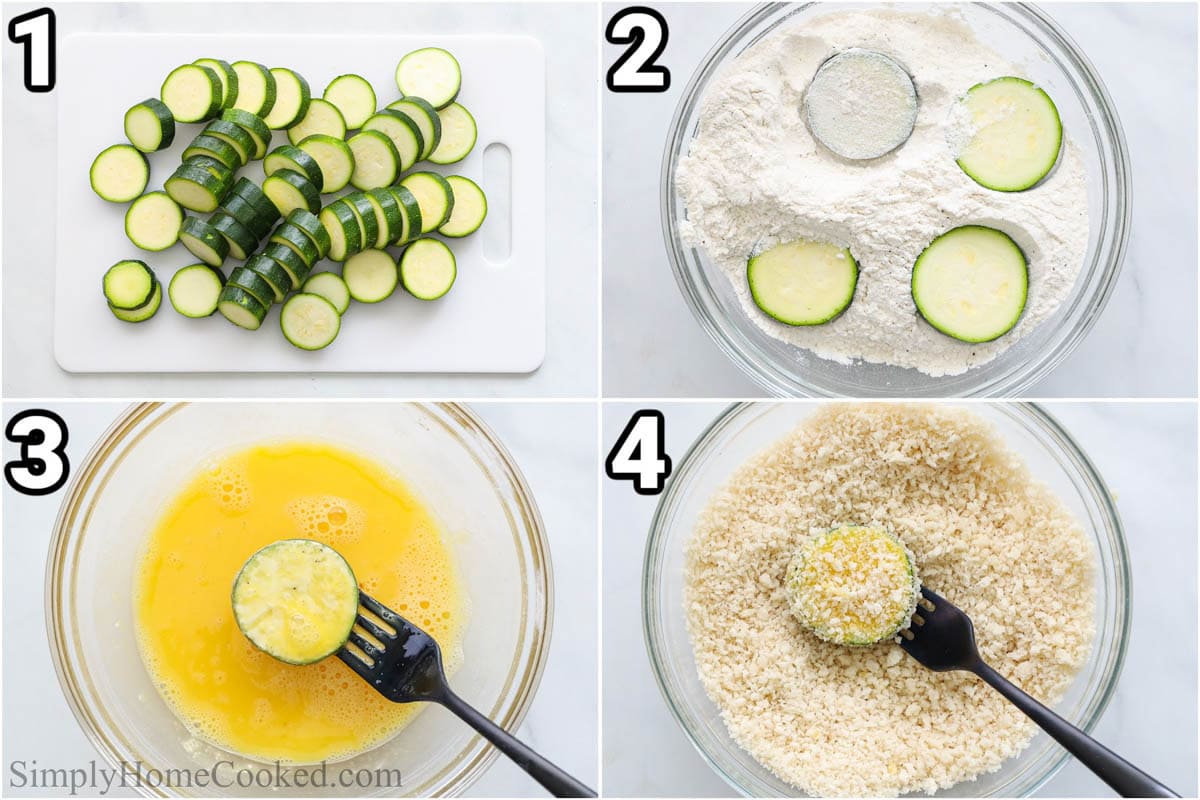 Steps to make Fried Zucchini: slice the zucchini, then cover it in flour, and dredge it in egg before the breadcrumbs. 