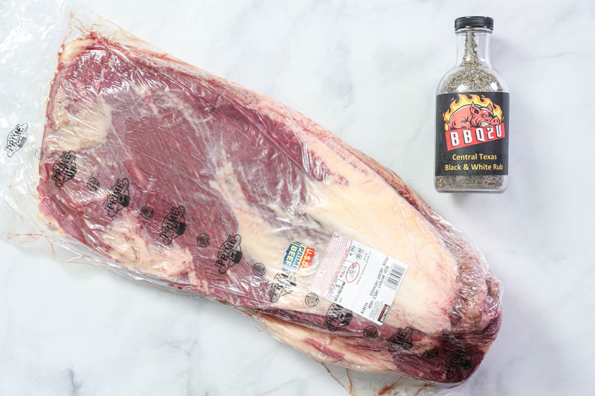 Ingredients for Smoked Beef Brisket: beef brisket and salt and pepper rub. 