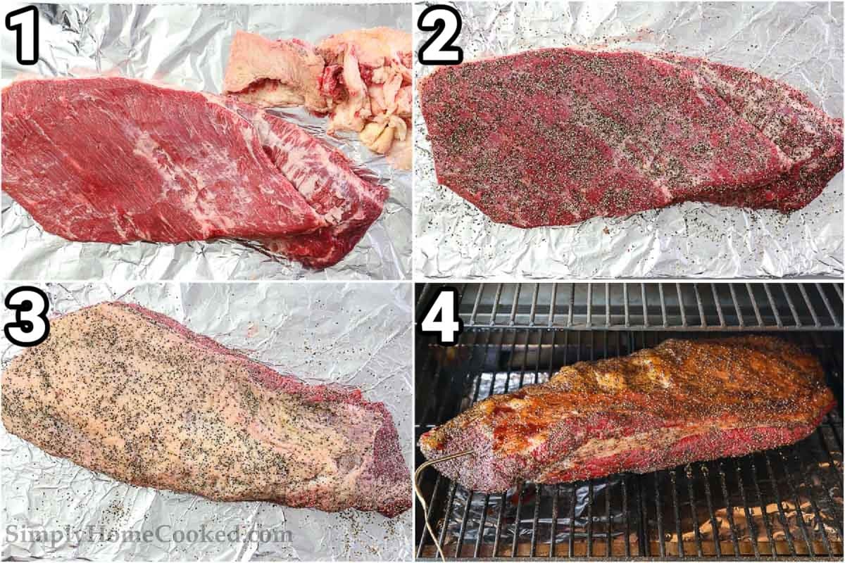 Steps to make Smoked Beef Brisket: cut off the fat, then season the meat on both sides, before smoking it.