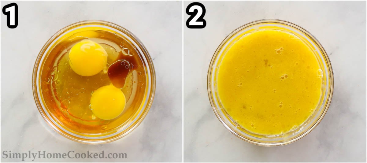 Steps to make Almond Flour Pancakes: mix the eggs, honey, vanilla, and oil together in a bowl. 