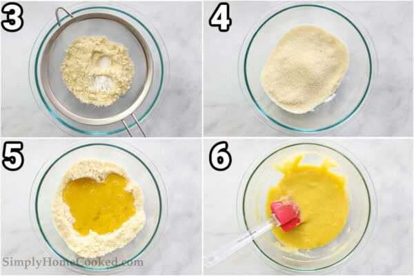 Steps to make Almond Flour Pancakes: sift the flour, baking powder, and salt into a bowl, then add the wet ingredients and mix with a spatula.