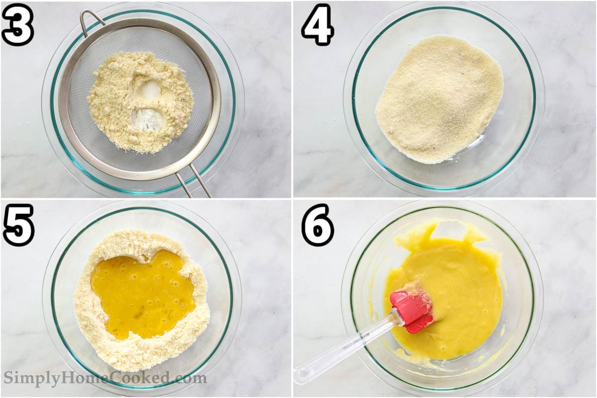 Steps to make Almond Flour Pancakes: sift the flour, baking powder, and salt into a bowl, then add the wet ingredients and mix with a spatula. 