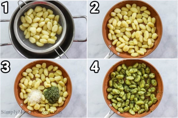 Steps to make Pesto Gnocchi: cook the gnocchi, then pan fry it in oil, and add the pesto, parmesan cheese, salt, and pepper.
