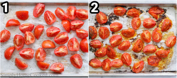Steps to make Tomato Basil Soup: core and cut the tomatoes and roast them on a parchment paper lined baking sheet.