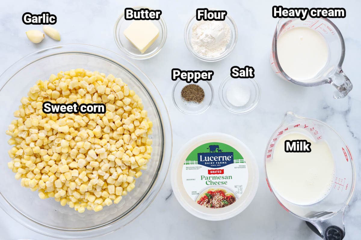 Ingredients for Creamed Corn: sweet corn, garlic, butter,  flour, heavy cream, salt, pepper, milk, and Parmesan cheese.