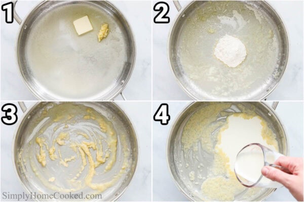Steps to make Creamed Corn: saute garlic in butter, then add flour and milk and cream.
