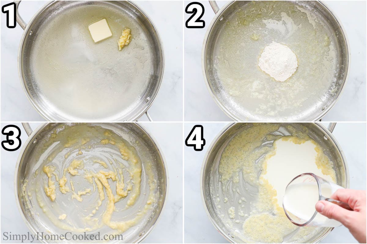 Steps to make Creamed Corn: saute garlic in butter, then add flour and milk and cream. 