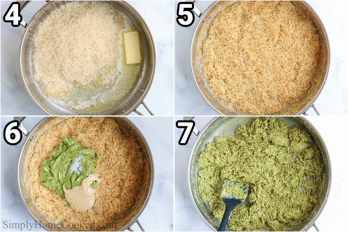 Steps to make Pistachio Chocolate Bar: melt the chocolate with the kataifi, then add it to the pistachio cream and tahini.