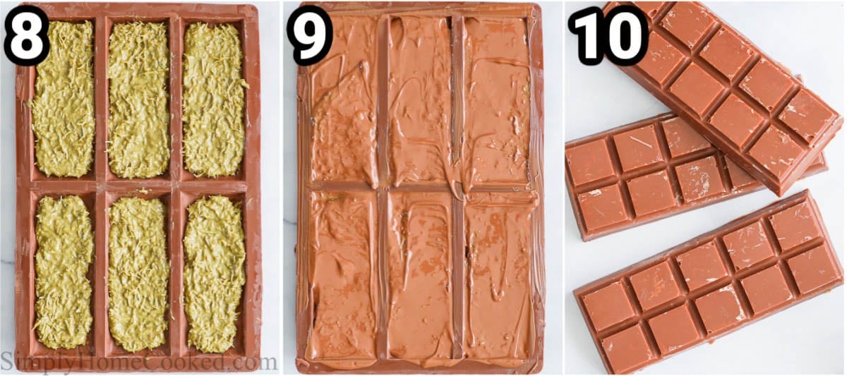 Steps to make Pistachio Chocolate Bar: add the pistachio filling to the mold and then top with chocolate and let it harden into bars. 