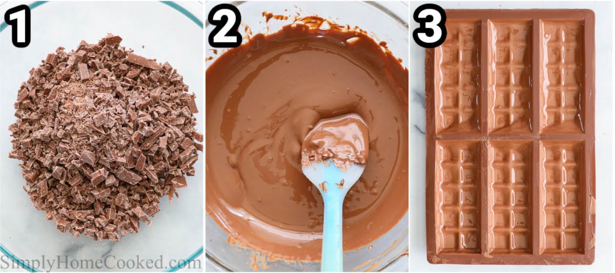 Steps to make Pistachio Chocolate Bar: chop and melt the chocolate and then let it harden in the mold. 