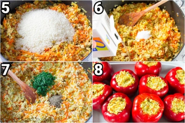 Steps to make Chicken and Rice Stuffed Peppers: add the rice and chicken broth to cook before adding in the dill, salt, and pepper, and finally stuffing the peppers.