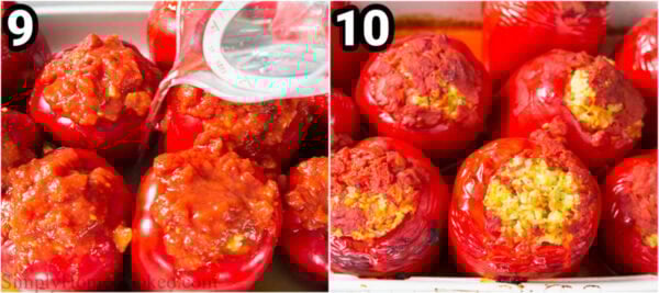 Steps to make Chicken and Rice Stuffed Peppers: top the stuffed peppers with crushed tomatoes, add water to the baking dish, and bake.