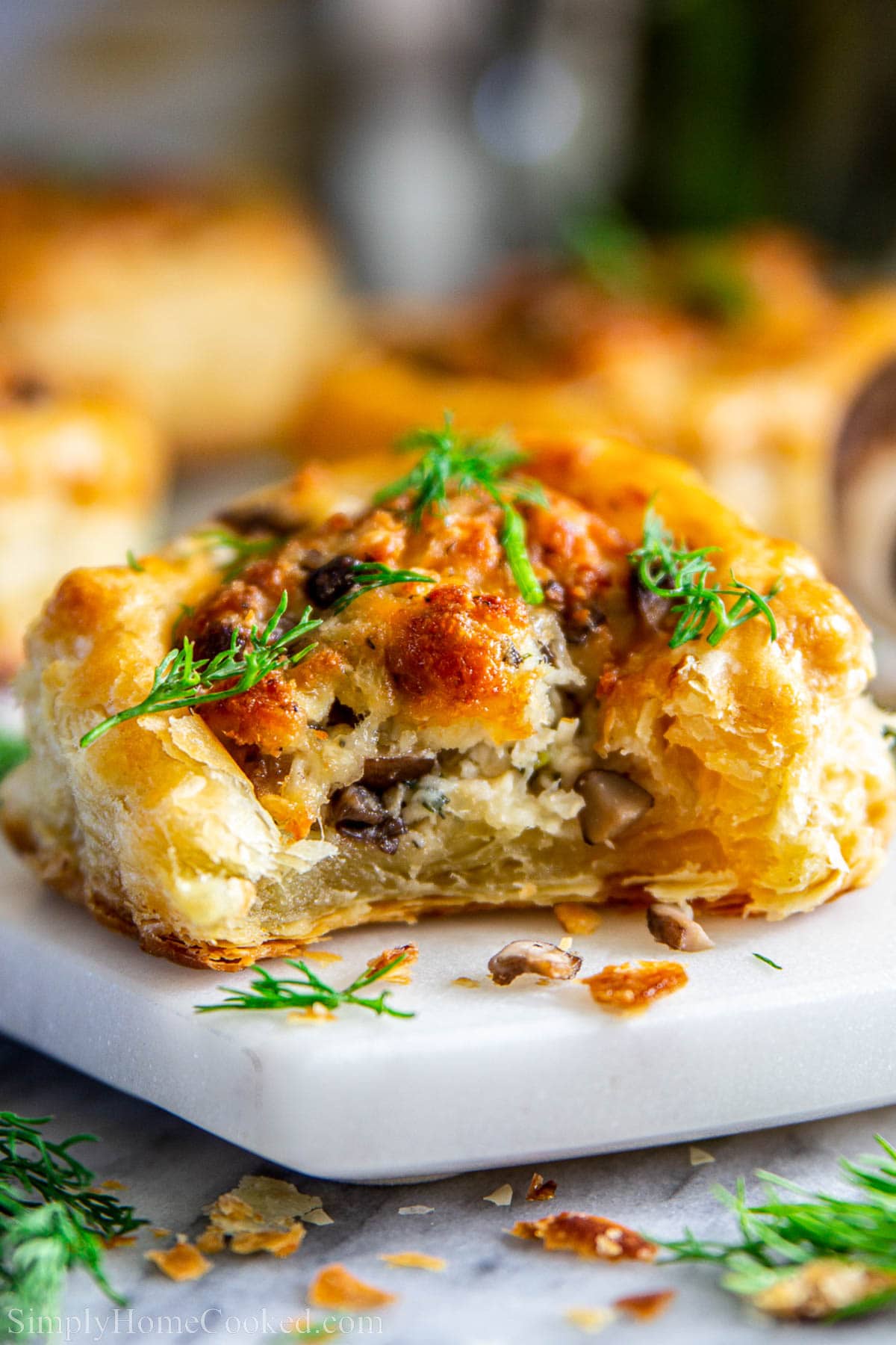 Chicken and Mushroom Pastry missing a bite.