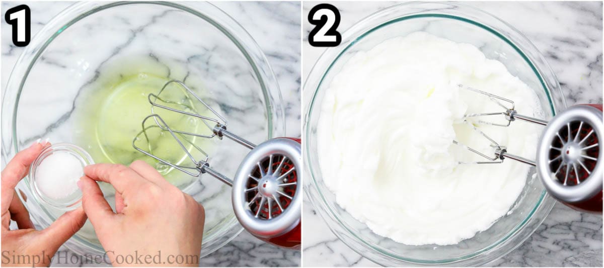 Steps to make Amaretti Cookies: beat the egg whites and salt into stiff peaks.