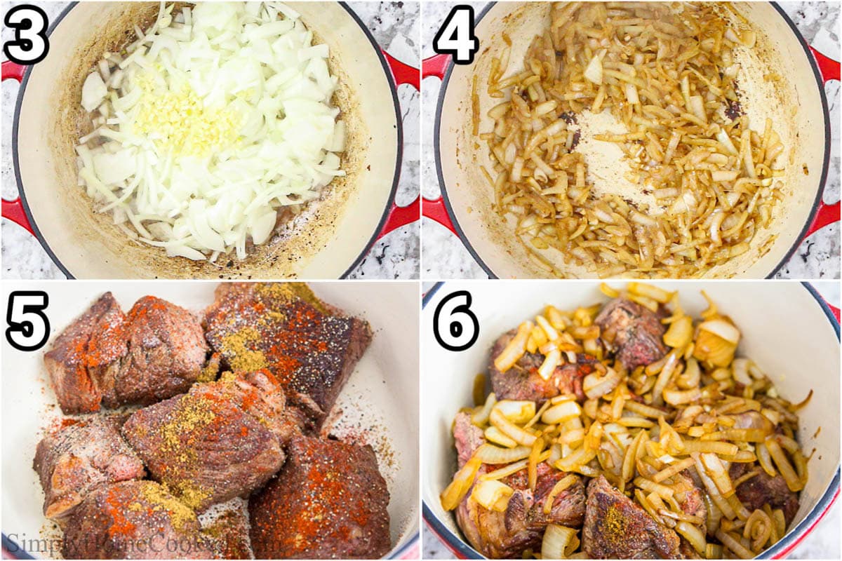 Steps to make Braised Beef: saute the onions and garlic, remove from the pot, then add the beef in with salt, pepper, cumin, and paprika, and add the onions and garlic on top. 