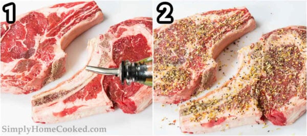 Steps to cook a steak in the oven: drizzle oil on the steak, then add pressed garlic and seasoning.