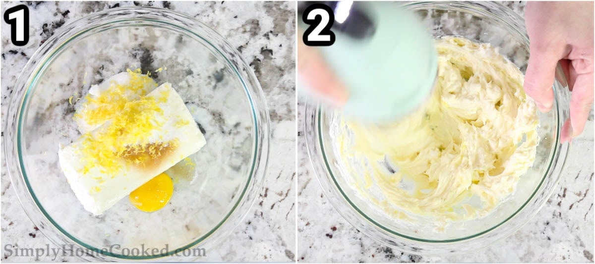 Steps to make Cream Cheese Danish: blend the cream cheese, sugar, egg yolk, vanilla, and lemon zest with an electric mixer. 