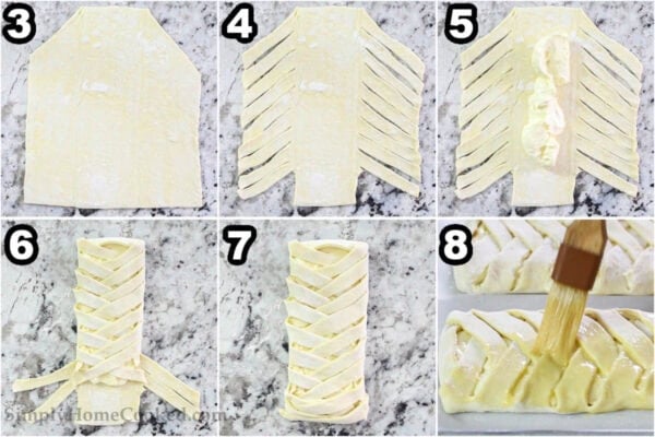 Steps to make Cream Cheese Danish: roll out the puff pastry, cut the sheets into strips at the edges, then add the filling, braid the sides, and add egg wash to the top.