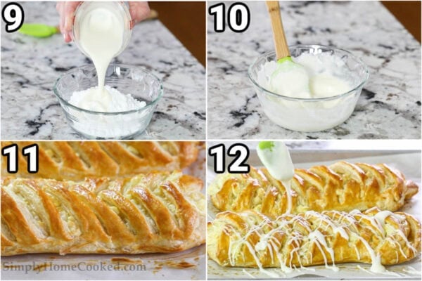 Steps to make Cream Cheese Danish: make the icing by combining the powdered sugar and heavy cream, then drizzle it on the baked danishes.