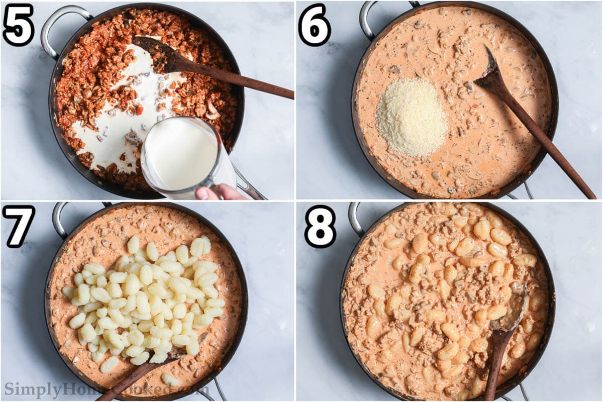 Steps to make Creamy Sausage Gnocchi: add the heavy cream, cook the gnocchi, and then add the pasta, parmesan, and salt to the skillet, stirring everything together. 