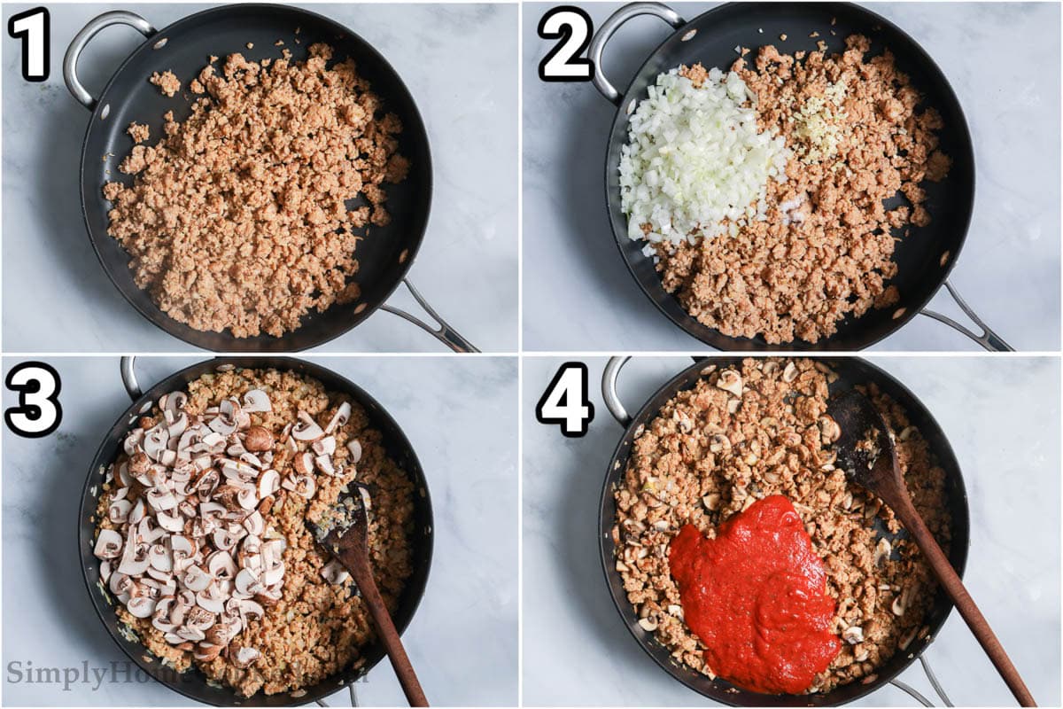 Steps to make Creamy Sausage Gnocchi: cook the sausage without its casing, then add onions, garlic, mushrooms, and tomato sauce, stirring with a wooden spoon. 