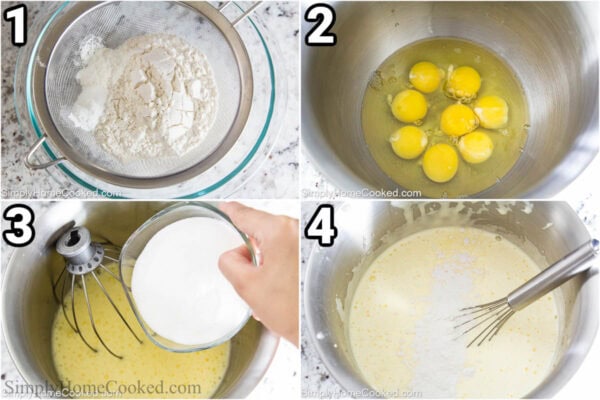 Steps to make Berry Chantilly Cake: sift the flour, baking powder, and cornstarch, then beat the eggs until foamy and add sugar and vanilla.