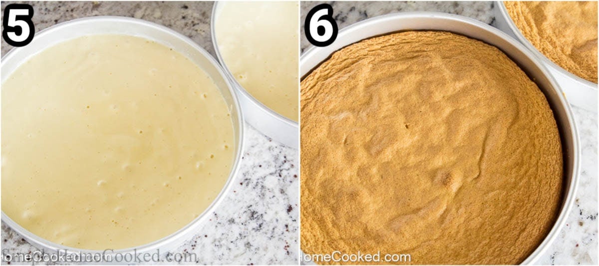 Steps to make Berry Chantilly Cake: pour the batter in the cake pans and then bake them.