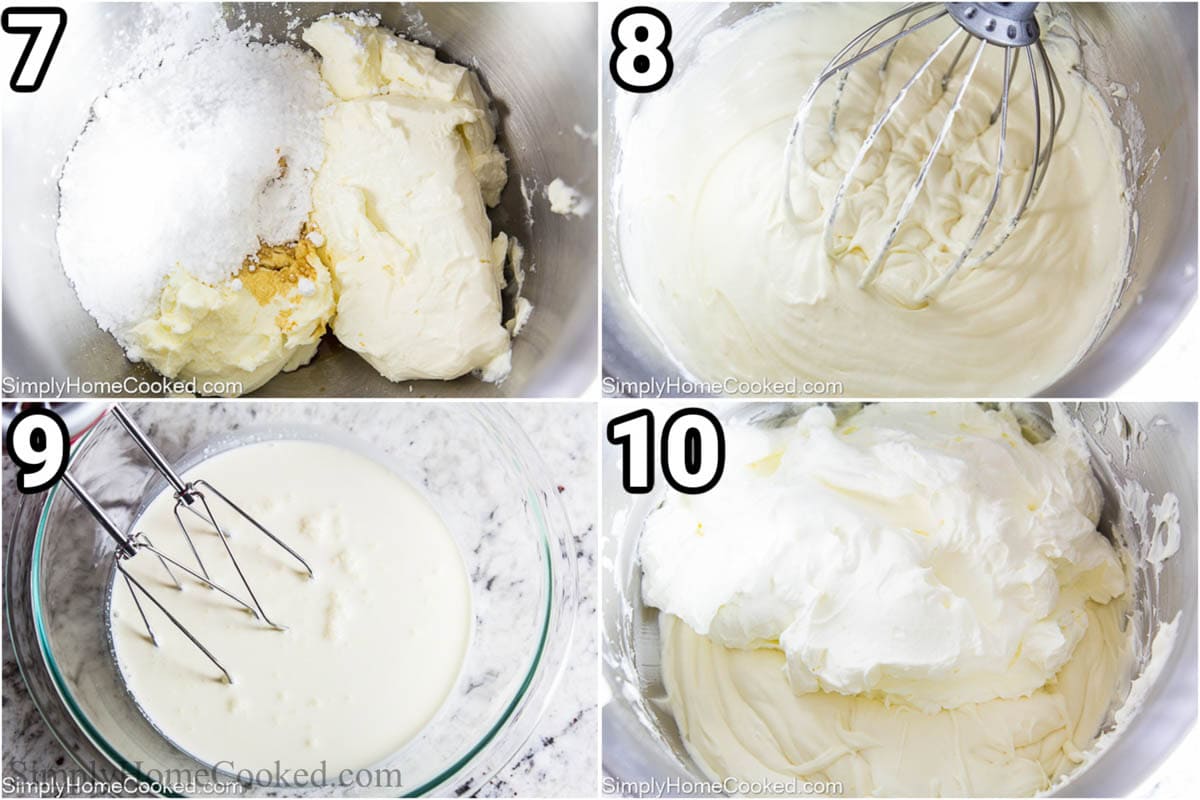 Steps to make Berry Chantilly Cake: combine the cream cheese, mascarpone, powdered sugar, almond extract, and vanilla extract, then beat the heavy cream until stiff peaks form, and combine, gently folding in the whipped cream.
