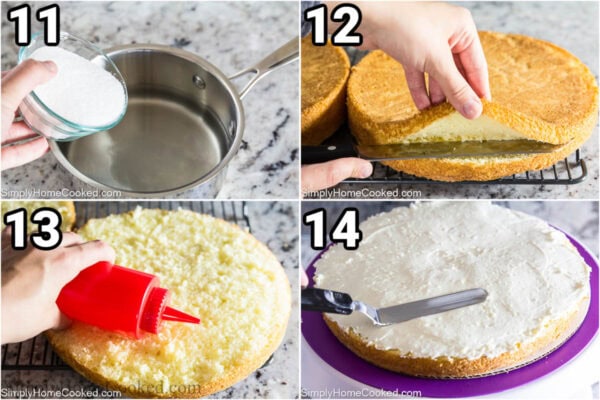Steps to make Berry Chantilly Cake: boil the water and sugar to make a simple syrup, slice the cake layers, add the syrup to each layer, and then add frosting to the first cake layer.