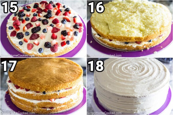 Steps to make Berry Chantilly Cake: add berries to the frosting, then assemble the cake in layers, covering the finished cake with frosting.
