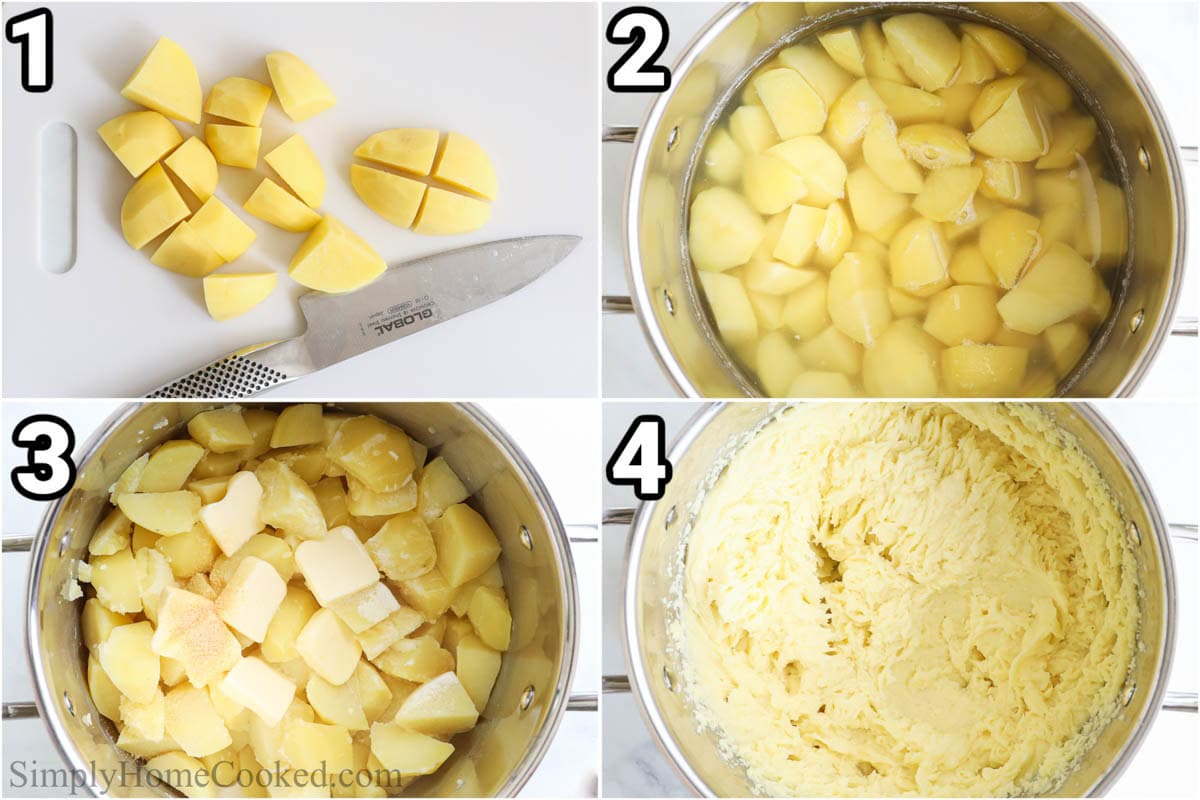 Steps to make Yukon Gold Mashed Potatoes: peel and cut the potatoes, boil them, then add heavy cream, butter, salt, and garlic powder and whip them until smooth.