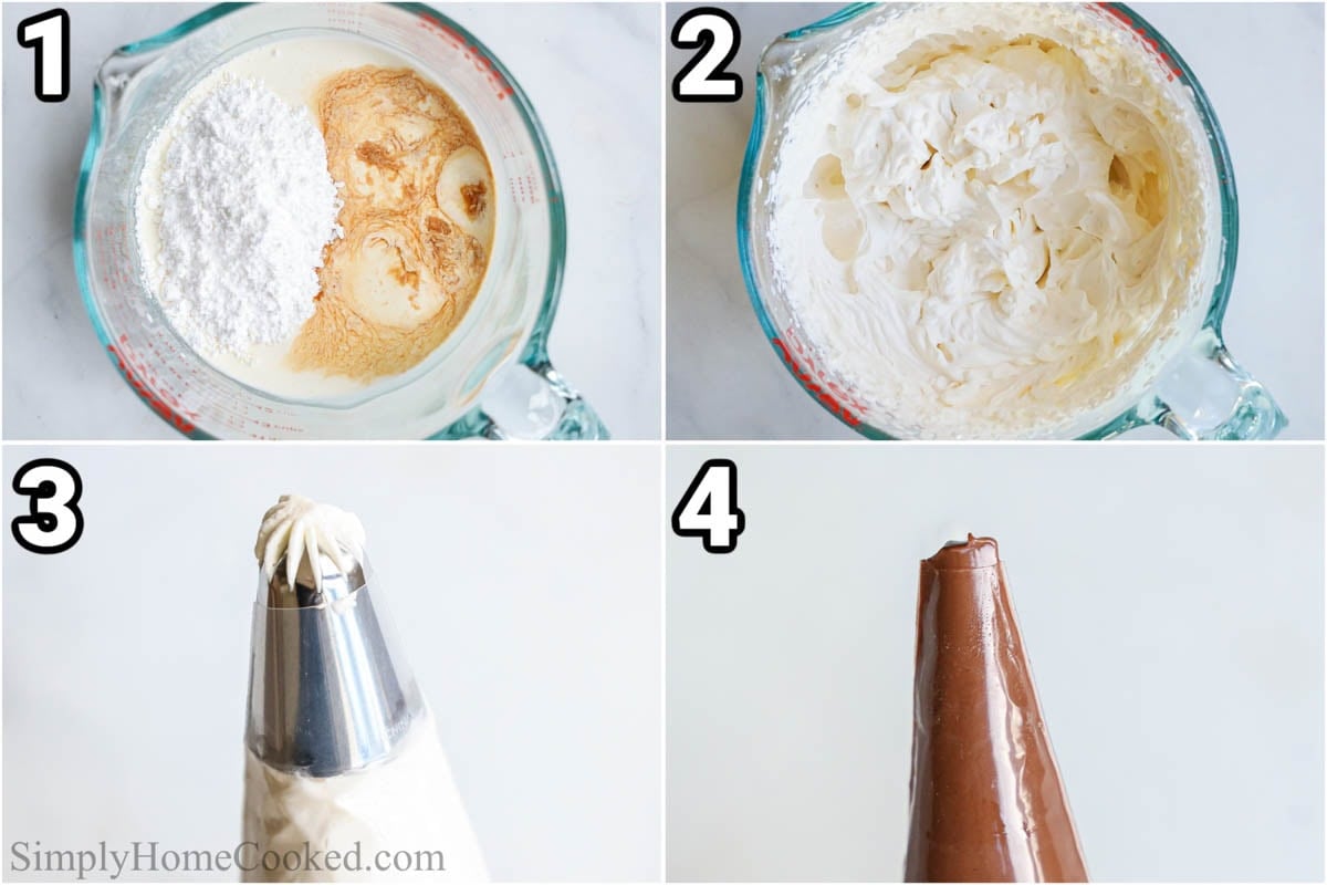 Steps to make Strawberry Nutella Puff Pastry: whip the heavy cream, vanilla, and powdered sugar into stiff peaks, then put it in a piping bag and the Nutella into another piping bag.