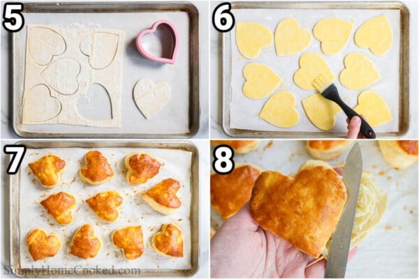 Steps to make Strawberry Nutella Puff Pastry: cut heart shapes out of the puff pastry sheets, cover them with egg wash, then bake, and once cooled, slice in half.
