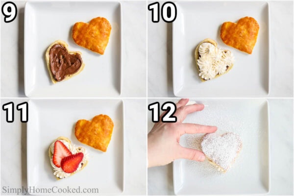 Steps to make Strawberry Nutella Puff Pastry: add Nutella to the puff pastry bottom, then pipe whipped cream, followed by sliced strawberries, before adding the puff pastry top and a dusting of powdered sugar.