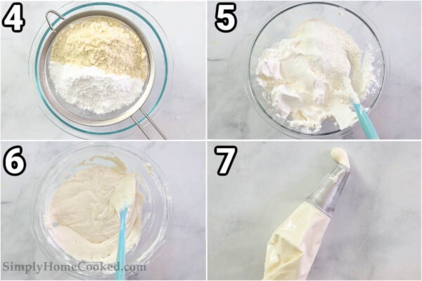 Steps to make Vanilla Macarons: sift the almond flour and powdered sugar, then fold the egg whites into the flour mixture, then add it to the piping bag.