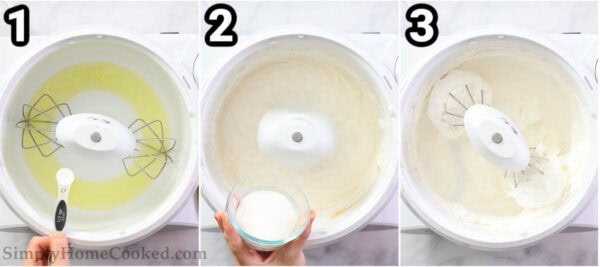 Steps to make Vanilla Macarons: whisk the egg whites, and add salt, cream of tartar, and vanilla.