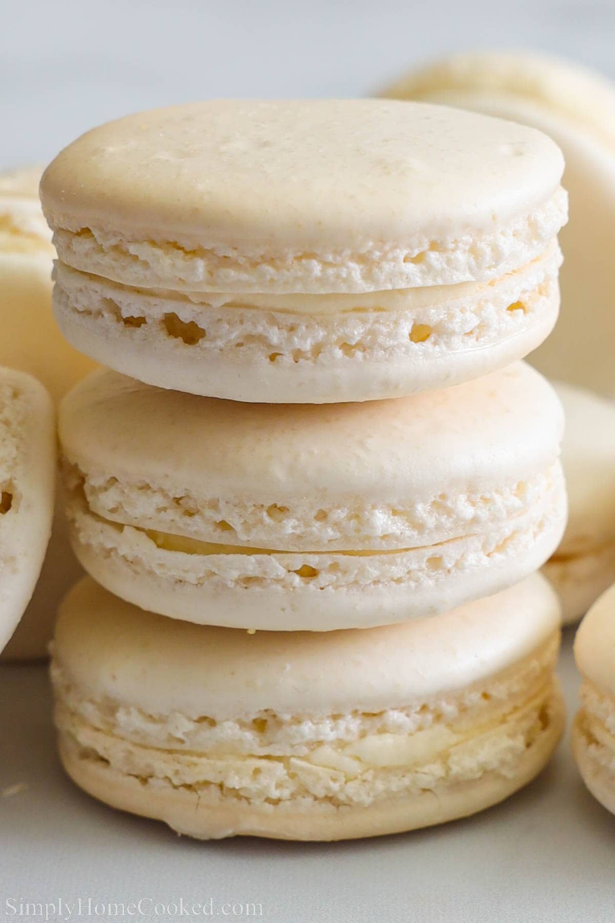 Vanilla Macarons stacked.