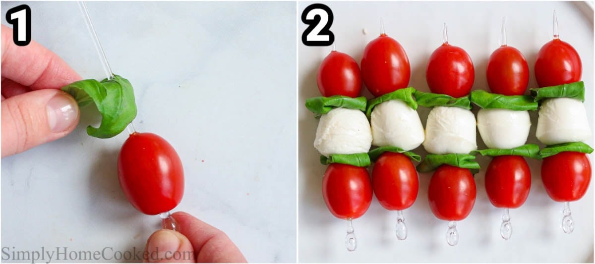 Steps to make Caprese Skewers: skewer the tomatoes, basil, and mozzarella, then drizzle with balsamic glaze, salt, and pepper.