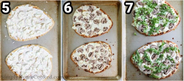 Steps to make Mushroom Arugula Flatbread Pizza: top the flatbread with mozzarella and dollops of ricotta, then add mushroom slices and arugula leaves, and bake.