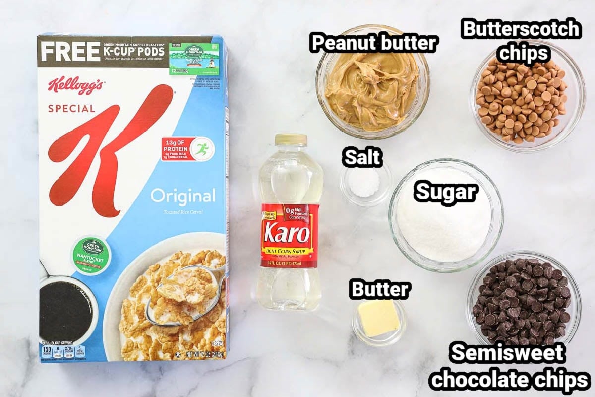 Ingredients for Chewy Special K Bars: Special K cereal, peanut butter, butterscotch chips, salt, sugar, corn syrup, butter, and semi sweet chocolate chips. 