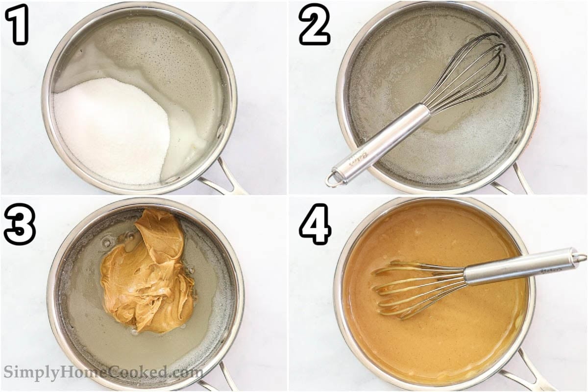 Steps to make Chewy Special K Bars:   boil the sugar and corn syrup, stirring with a whisk, then combining it with the peanut butter.