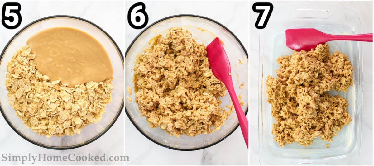 Steps to make Chewy Special K Bars:   add the peanut butter mixture with the Special K cereal, then press it into the baking dish with a spatula.