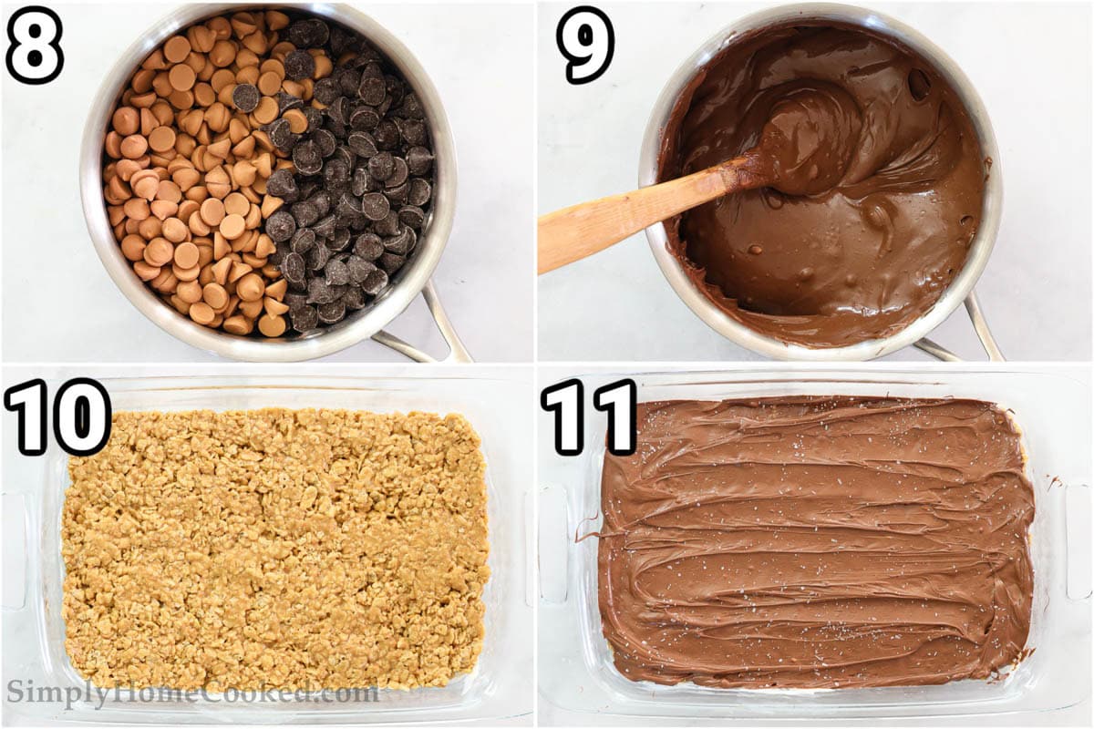 Steps to make Chewy Special K Bars:   melt the chocolate chips and butterscotch chips, then spread it on top of the cereal in the baking dish. 